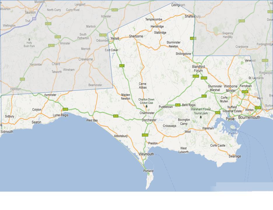 Map of the Dorset Memory Box Library delivery area covering Dorset, south Somerset and east Devon